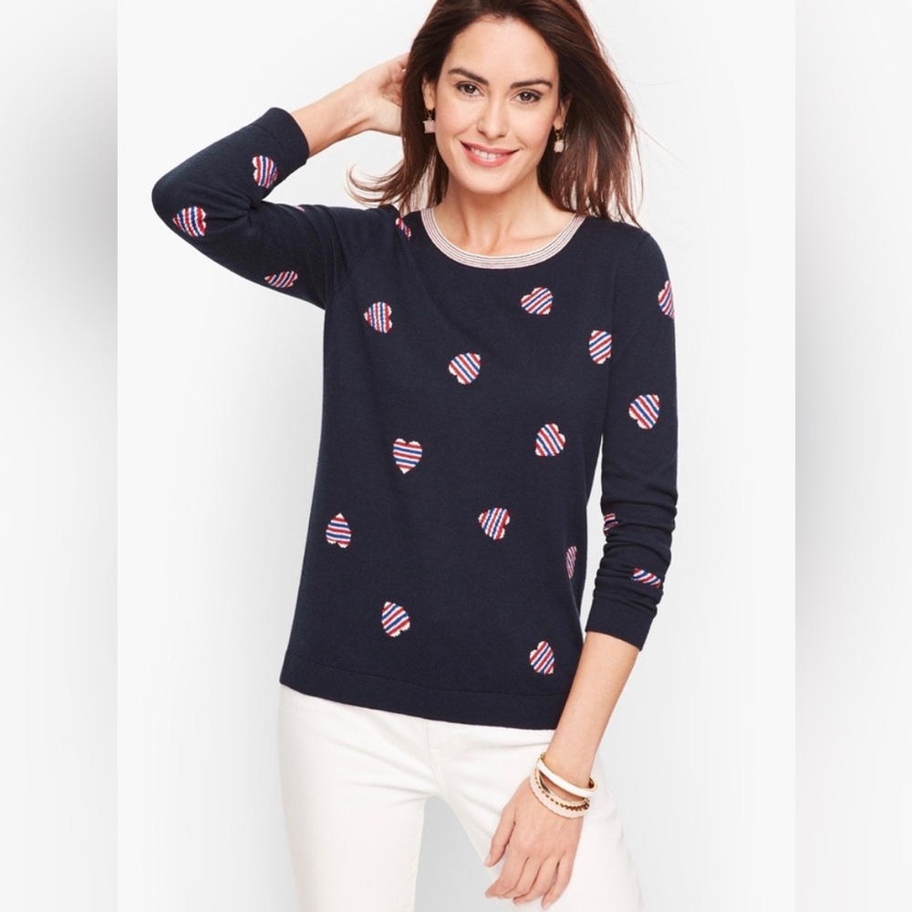 Talbots Navy Blue Hearts Valentines Sweater, Size Medium, Long Sleeve Knit